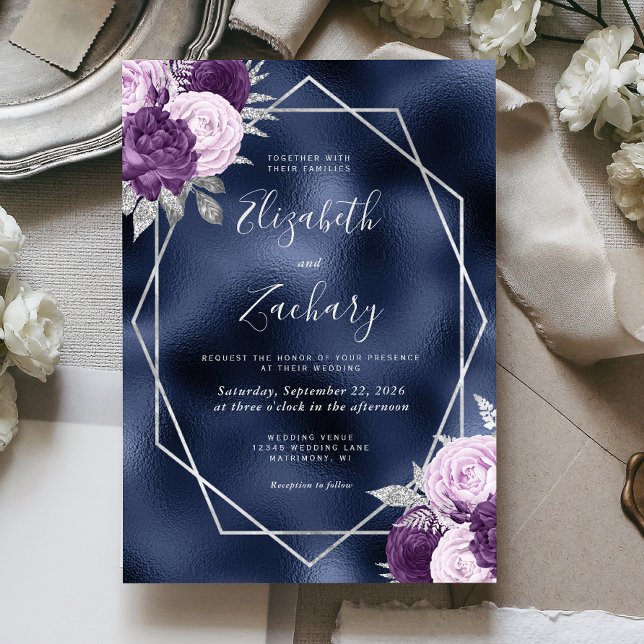 Convite Casamento Floral de Prata Púrpura marinho Foil Lil (Criador carregado)