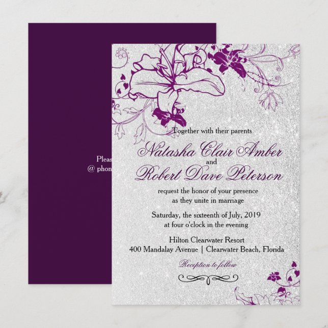 Convite Casamento Floral de Prata Roxo Profundo (Frente/Verso)