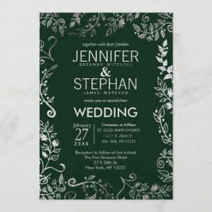 Convite Casamento Floral de Prata Verde Florestal Elegante