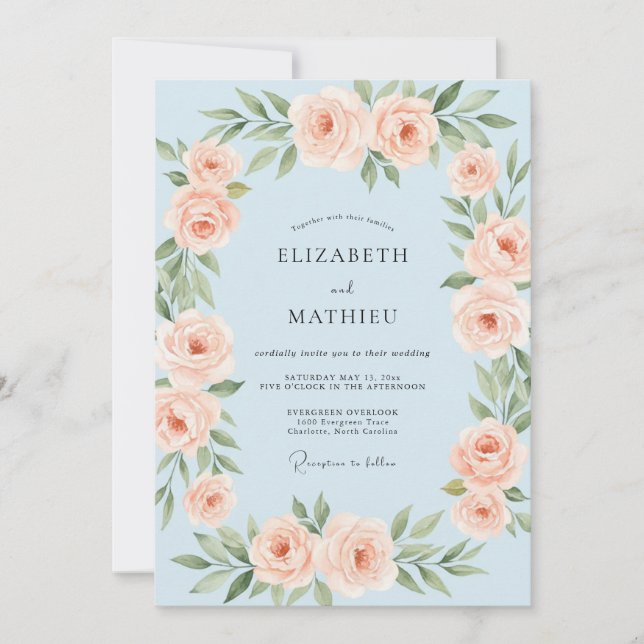 Convite Casamento Floral de Primavera Azul Claro e Suave (Frente)