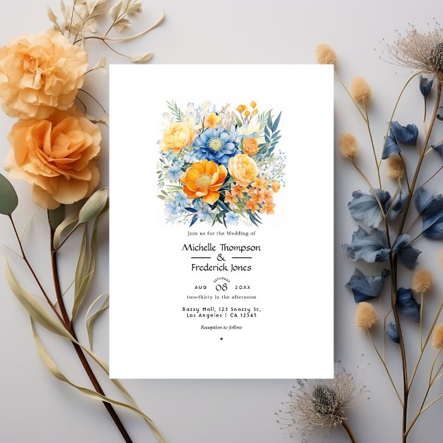 Convite Casamento Floral de Primavera Azul e Laranja Claro (Criador carregado)