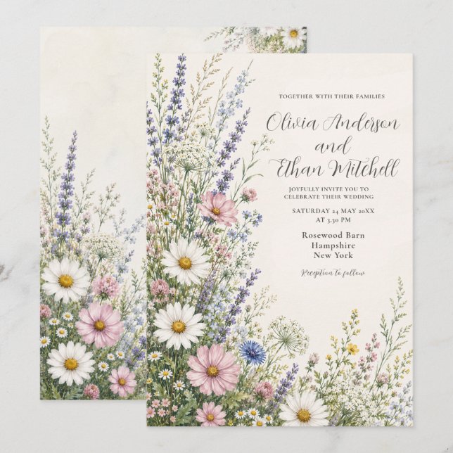 Convite Casamento Floral de Primavera com Campo de Flores  (Frente/Verso)