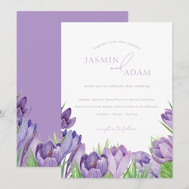 Convite Casamento Floral de Primavera Crocus Roxo Elegante (Frente/Verso)