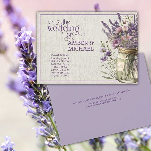 Convite Casamento Floral de Primavera de Verão com Lavanda (Pretty all-in-one rustic lavender floral wedding invitation.)