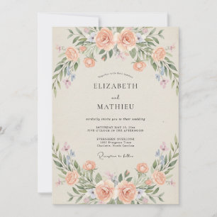 Convite Casamento Floral de Primavera Delicado em Pêssego