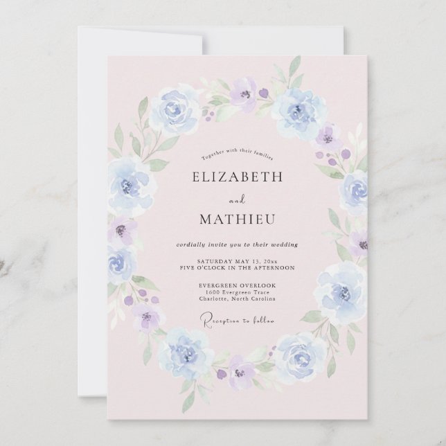 Convite Casamento Floral de Primavera em Azul Empoeirado (Frente)