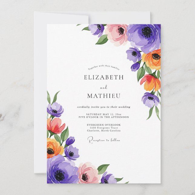 Convite Casamento Floral de Primavera Vibrante Roxo (Frente)