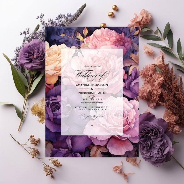 Convite Casamento Floral de Profundo Roxo, Lavender e Rose (Criador carregado)