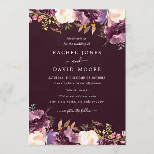 Convite Casamento Floral de Purple Burgundy com Aquarela