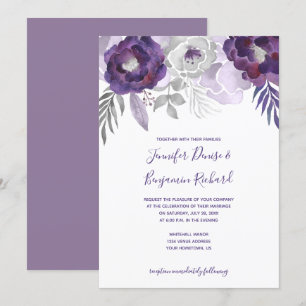 Convite Casamento Floral de Purple e Silver Watercolor