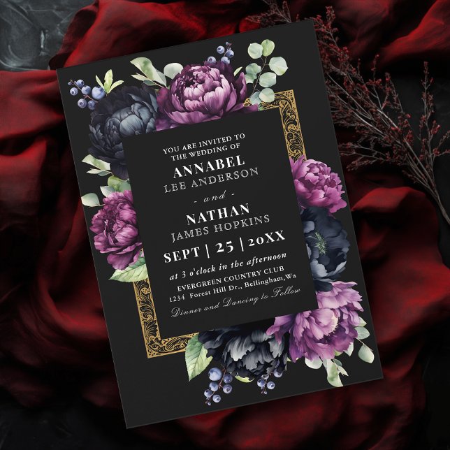 Convite Casamento Floral de Púrpura e Preto Elegante (Criador carregado)