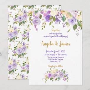 Convite Casamento Floral de Púrpura Elegante e Dourada Wat