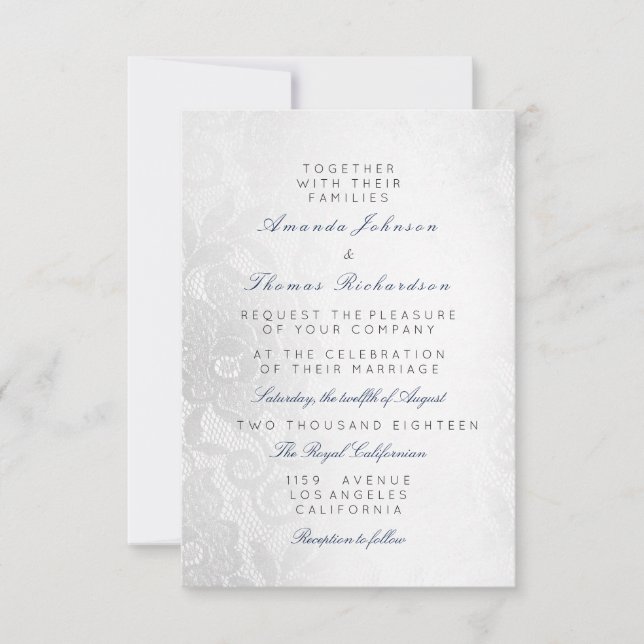 Convite Casamento Floral de Renda Azul Marinho Prata (Frente)