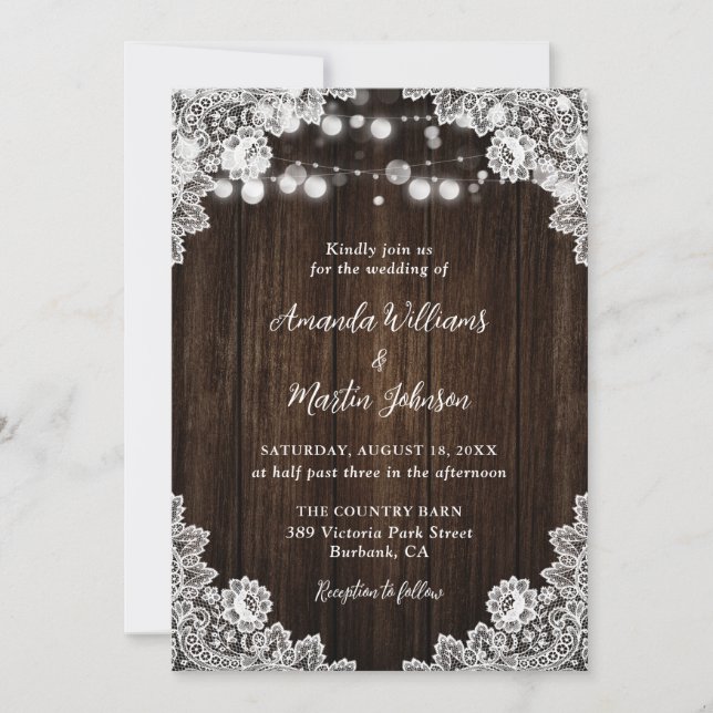 Convite Casamento Floral de Renda de Madeira Rústica Român (Frente)