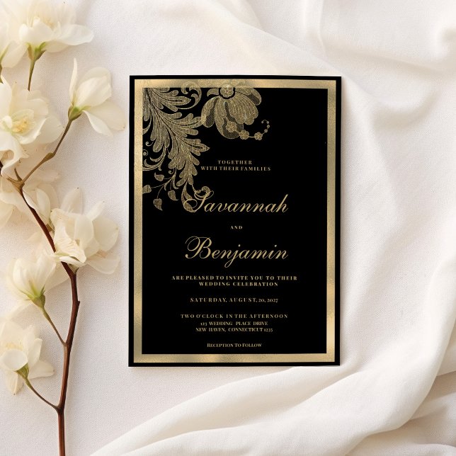 Convite Casamento floral de renda de ouro preto elegante (Elegant classy black gold lace floral wedding)
