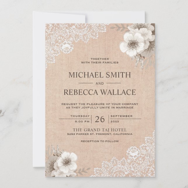 Convite Casamento Floral de Renda em Burlap Rústico Countr (Frente)
