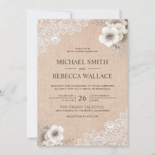 Convite Casamento Floral de Renda em Burlap Rústico Countr