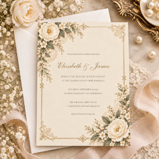 Convite Casamento Floral de Renda Romântico em Marfim Anti