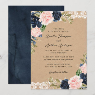 Convite Casamento Floral de Renda Rosa Marinho Rústico