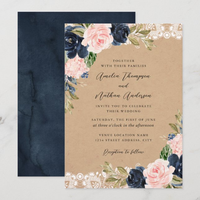 Convite Casamento Floral de Renda Rosa Marinho Rústico (Frente/Verso)