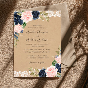 Convite Casamento Floral de Renda Rosa Marinho Rústico