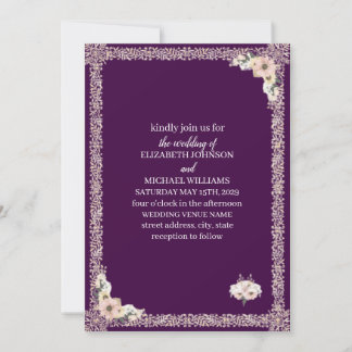 Convite Casamento Floral de Renda Roxo Escuro Real Dourado