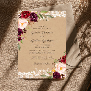 Convite Casamento Floral de Renda Rústica Borgonha
