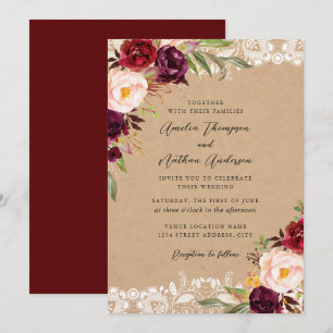 Convite Casamento Floral de Renda Rústica Borgonha