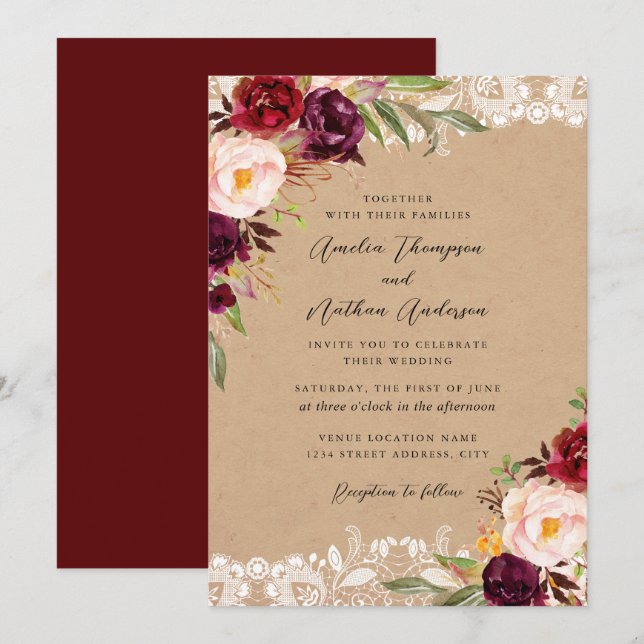 Convite Casamento Floral de Renda Rústica Borgonha (Frente/Verso)