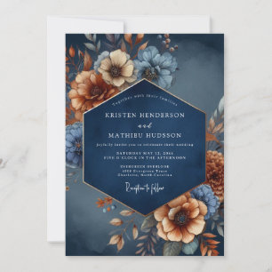 Convite Casamento Floral de Romance Outonal Azul-Marinho