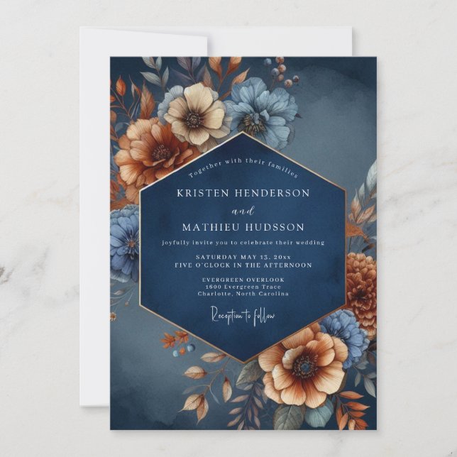 Convite Casamento Floral de Romance Outonal Azul-Marinho (Frente)