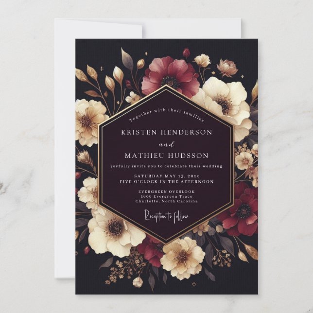 Convite Casamento Floral de Romance Silvestre Profundo (Frente)