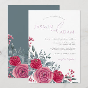 Convite Casamento Floral de Rosa Azul Elegante e Empolvilh