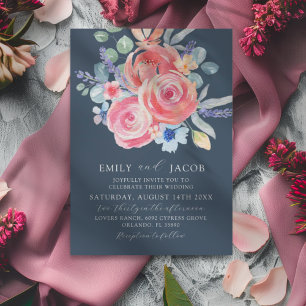 Convite Casamento Floral de Rosa Azul Escuro Moderno em Aq