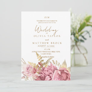 Convite Casamento Floral de Rosa Bege Elegante a Ouro