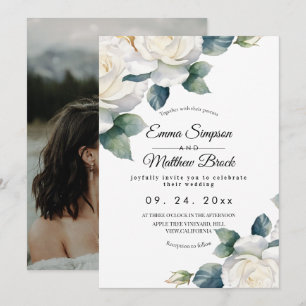 Convite Casamento Floral de Rosa Branca Elegante & Beleza 