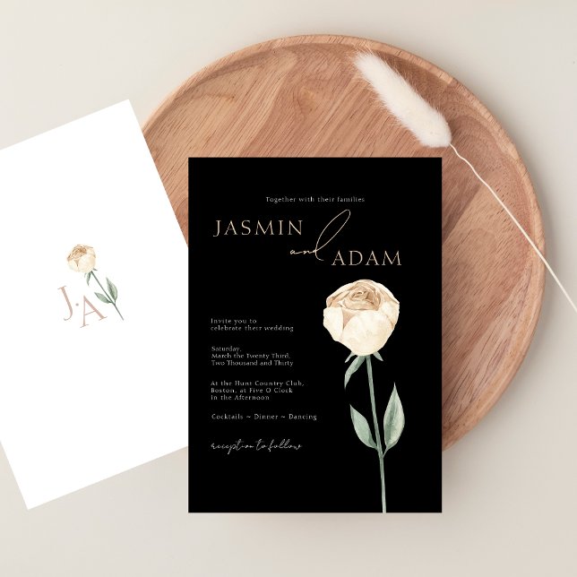 Convite Casamento Floral de Rosa Branca Preta Simples e El (Simple Elegant Black White Rose Floral Wedding Invitation)