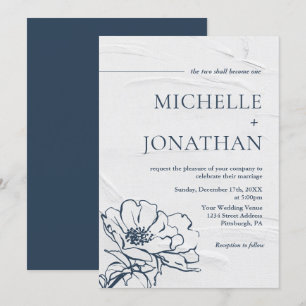 Convite Casamento Floral de Rosa com Desenho Mão Azul da 