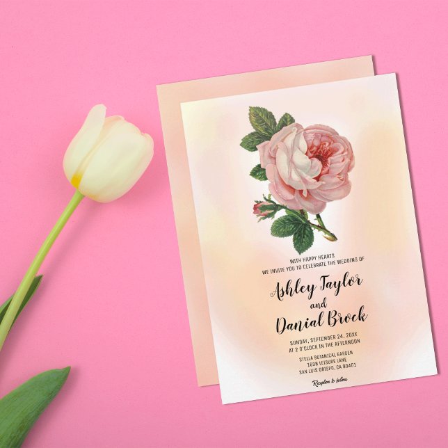 Convite Casamento Floral de Rosa com Dusta Rosa Cinza-Vidr (Criador carregado)