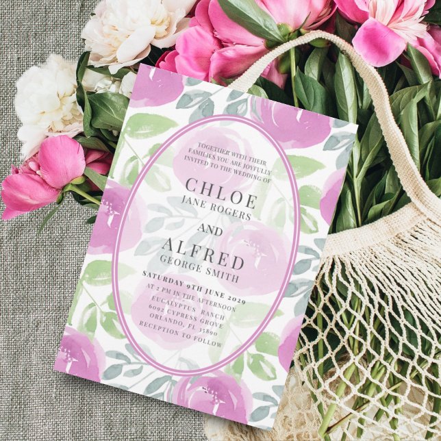 Convite Casamento Floral de Rosa de Aquarela Rosa Moderna (Criador carregado)