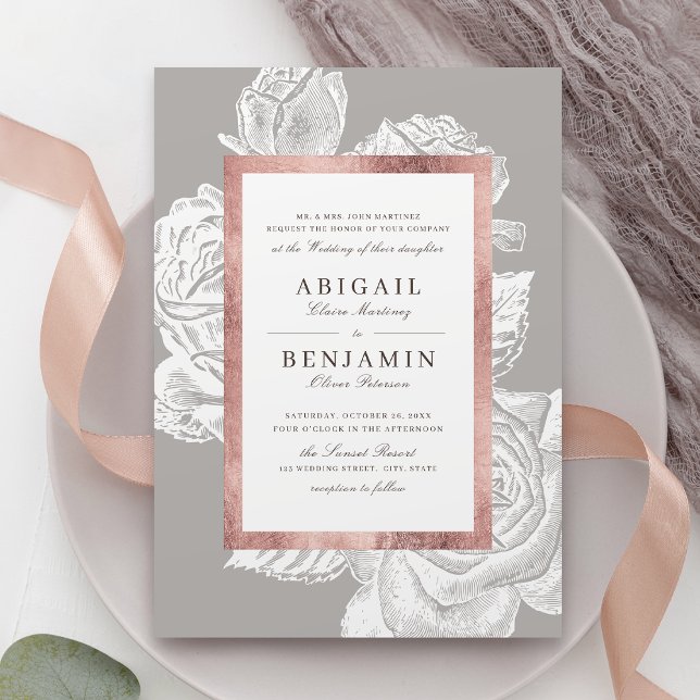 Convite Casamento floral de rosa de luxo (Luxe rose gold vintage botanical floral wedding invitation)