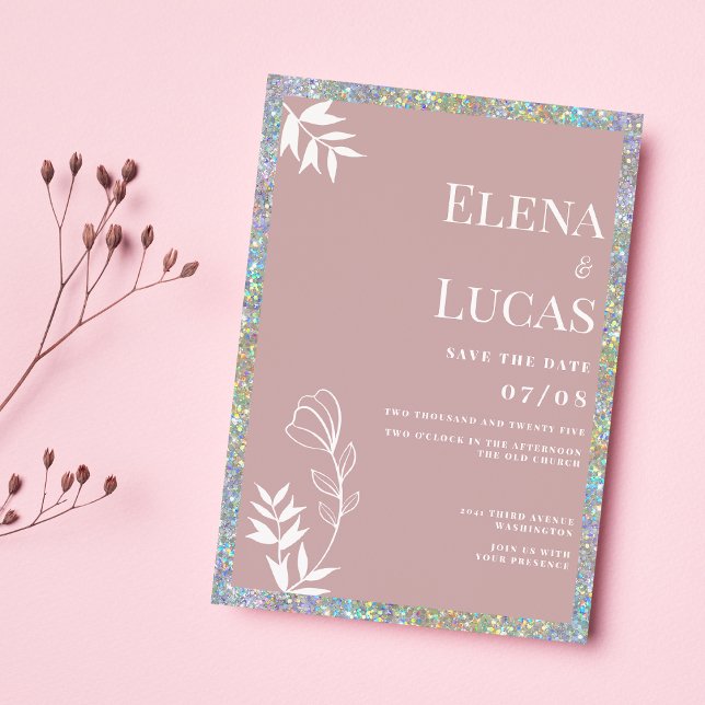 Convite Casamento floral de rosa de prata empoeirado (Silver dusty rose white sketch floral wedding)