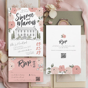 Convite Casamento Floral de Rosa de Villa Dusty com Mão Ún