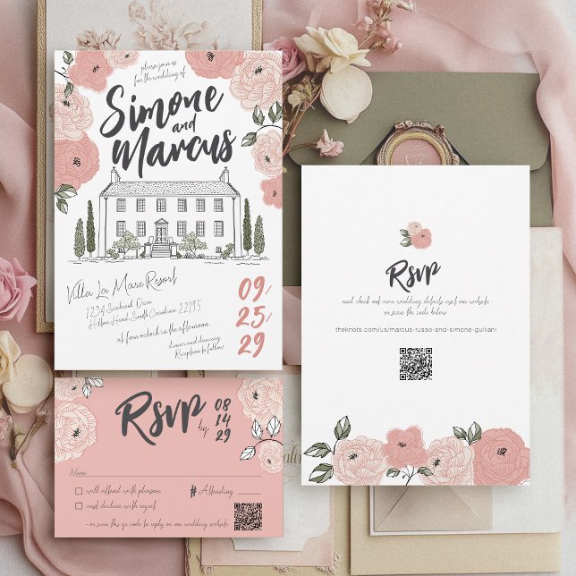 Convite Casamento Floral de Rosa de Villa Dusty com Mão Ún (Whimsical pink sage green floral unique hand drawn handwritten illustrated villa wedding invitation)