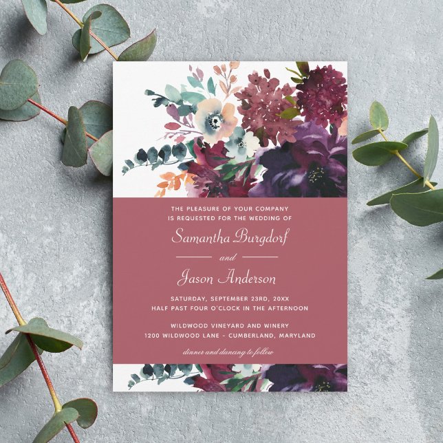 Convite Casamento Floral de Rosa de Vinho Luxurioso (Available in both printed and instant download digital formats.)