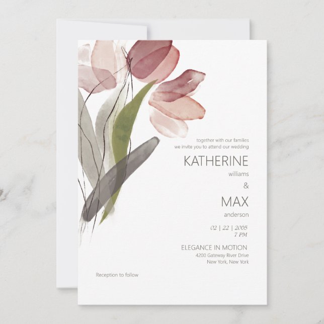 Convite Casamento Floral de Rosa Dusty Modern Watercolor (Frente)