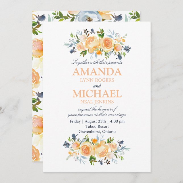 Convite Casamento Floral de rosa e Aquarela (Frente/Verso)