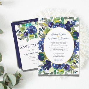 Convite Casamento Floral de Rosa em Aquarela Azul Marinho