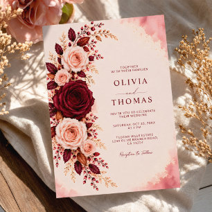 Convite Casamento Floral de Rosa em Aquarela Elegância Bor
