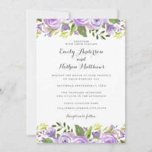 Convite Casamento Floral de Rosa em Aquarela Roxa Elegante